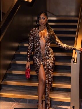 Deep V Leopard Print Maxi Dress with Front Slit